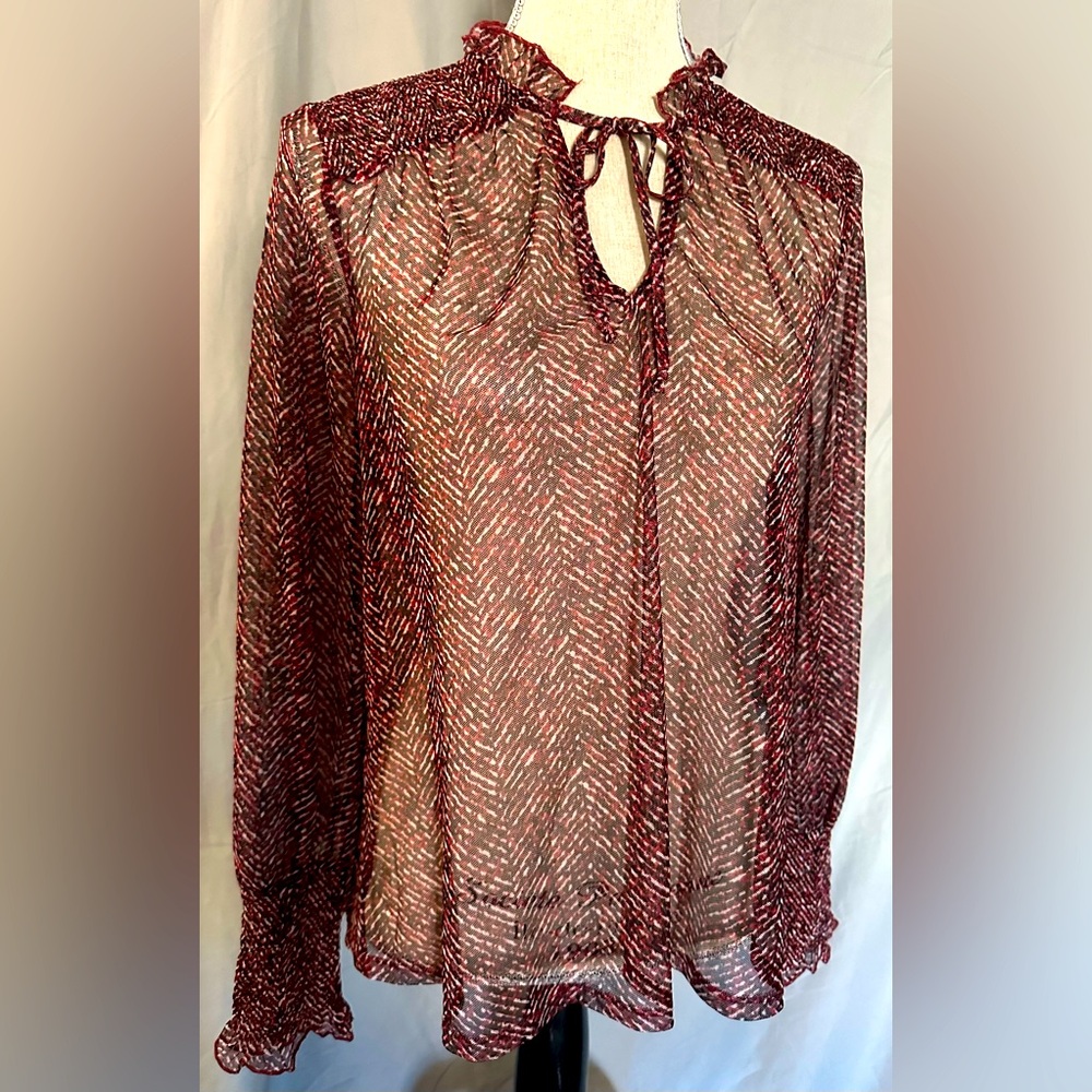 EUC Chico’s small blouse in red and black sheer with ruching